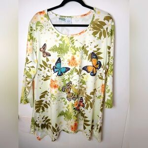 Collections Etc. Women's Butterfly Floral Tunic Top Size L 3/4 Sleeve Rhinestone